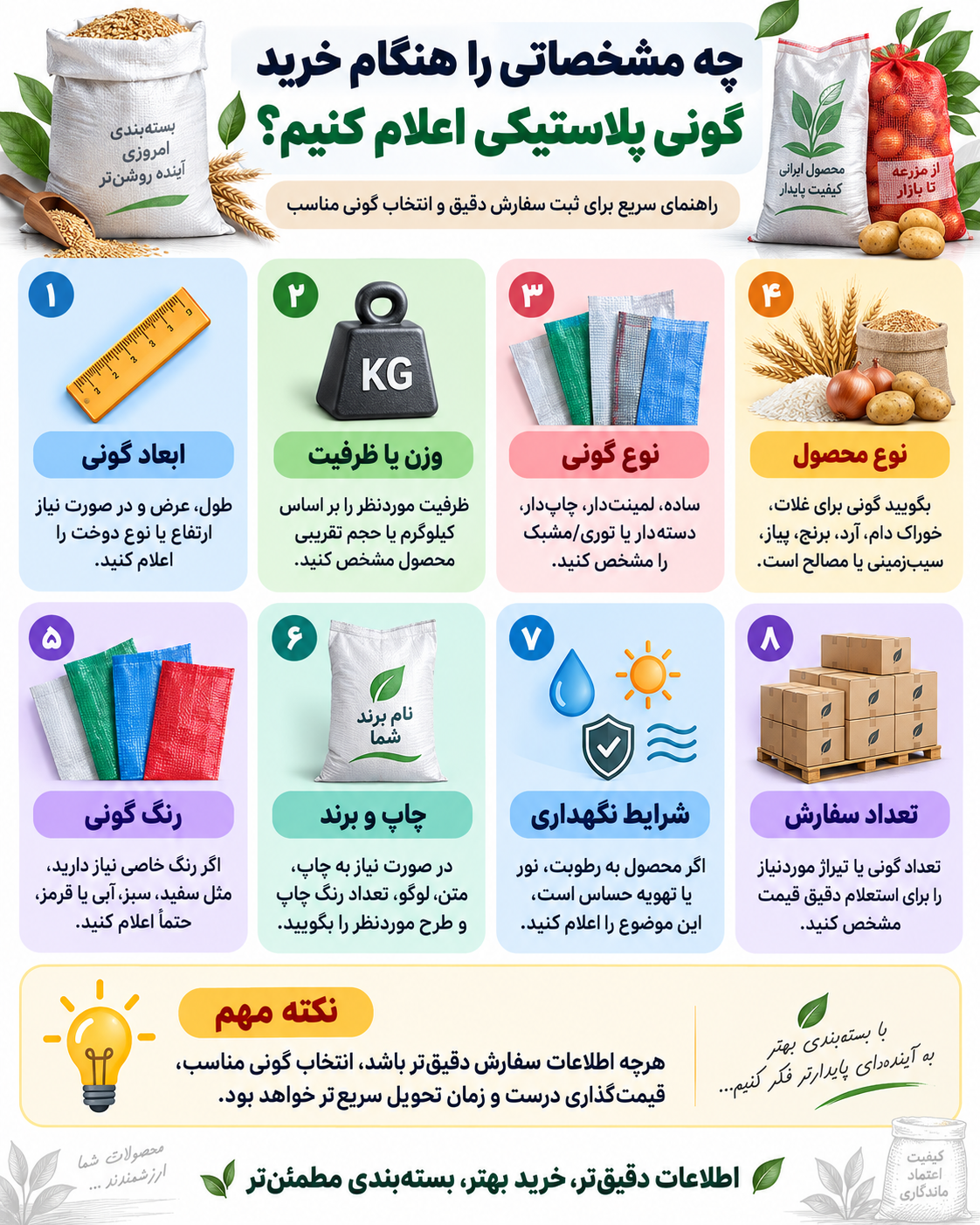 گونی پلاستیکی چیست؟ انواع، کاربرد، چاپ و عوامل قیمت 4 چه مشخصاتی را هنگام خرید گونی پلاستیکی اعلام کنیم؟